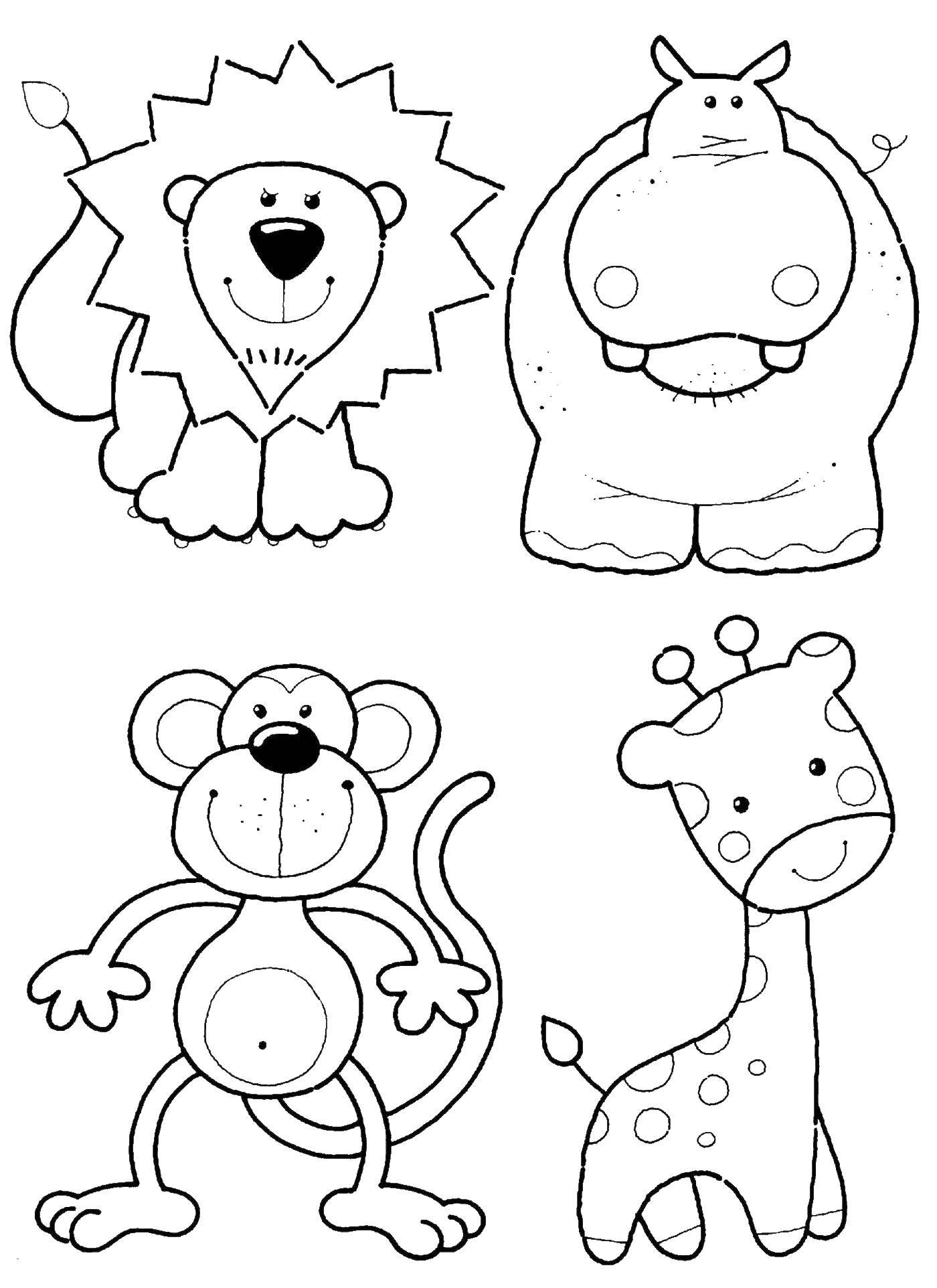 Coloring Animals lion Hippo giraffe monkey and the inhabitants of Africa. Category animals. Tags:  giraffe, lion, Hippo, monkey.