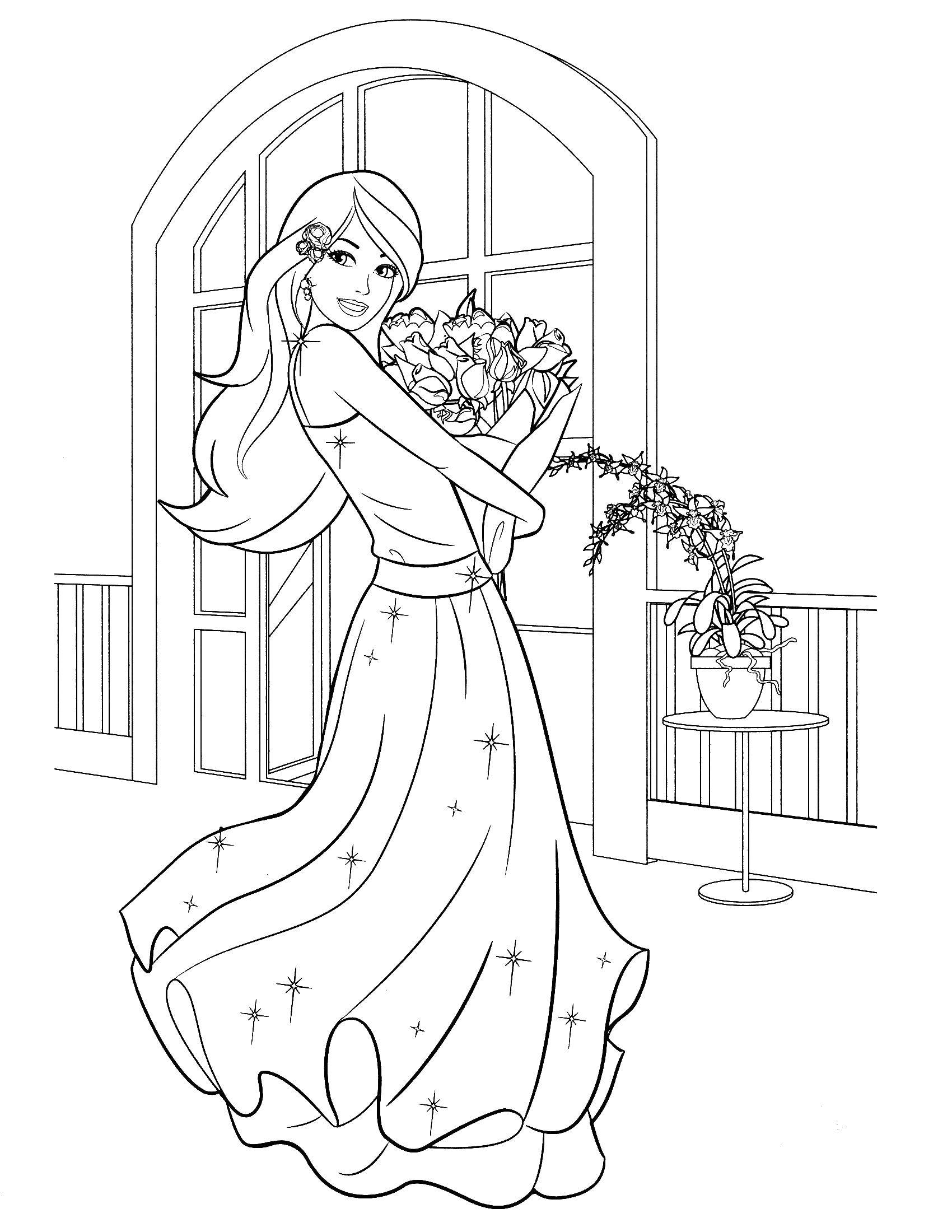 Coloring Barbie with flowers. Category Barbie . Tags:  Barbie , flowers.