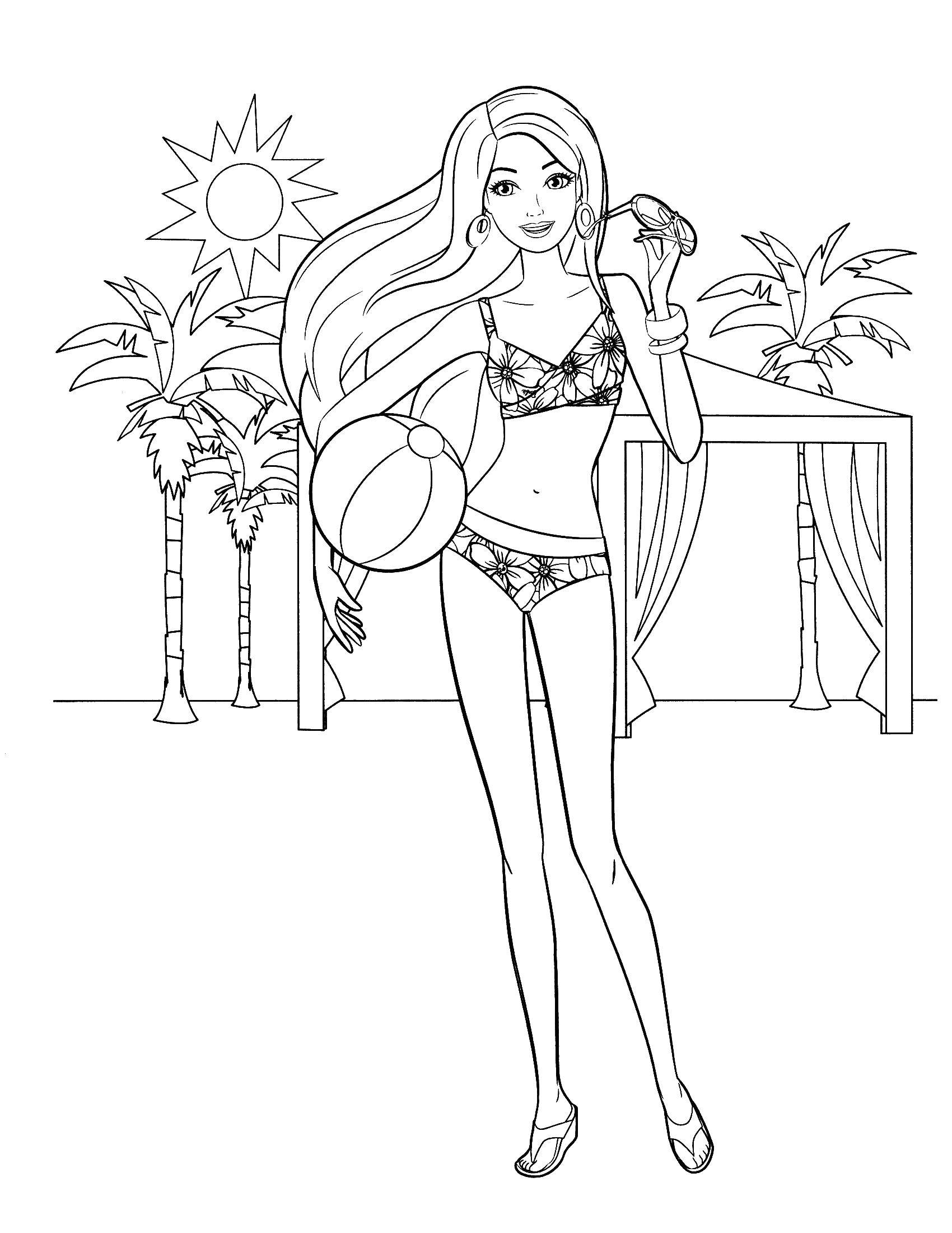 Coloring Barbie in a swimsuit on the beach. Category ladies. Tags:  Barbie , swimsuit, beach.
