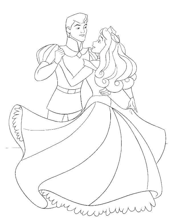 Розмальовки  Принц і принцеса танцюють на балу. Завантажити розмальовку принц, принцеса.  Роздрукувати ,Діснеївські мультфільми,