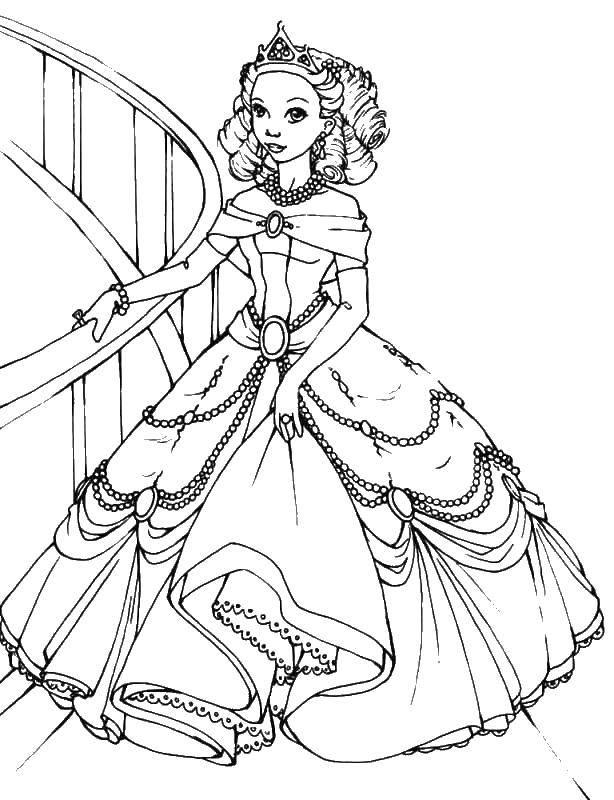 Розмальовки  Принцеса в бальній сукні. Завантажити розмальовку принцеса, плаття.  Роздрукувати ,принцеса,