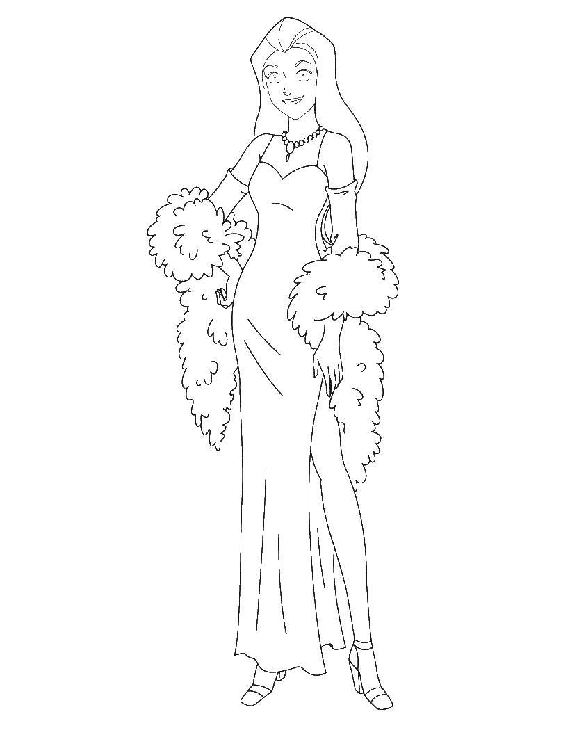 Coloring Girl in a party dress in furs. Category fashion dresses. Tags:  fur, ball gown, girl.