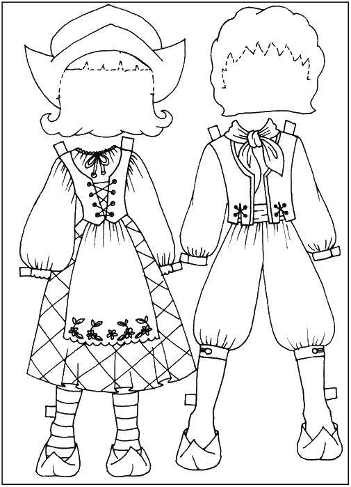 Название: Раскраска Одень куклу мальчик и девочка национальные костюмы. Категория: одежда и кукла. Теги: одежда.