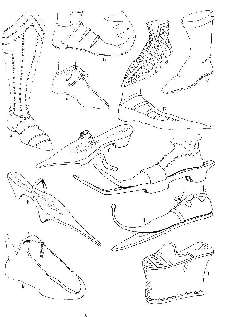 Розмальовки  Взуття в середніх століттях. Завантажити розмальовку взуття, середні віки.  Роздрукувати ,мода,
