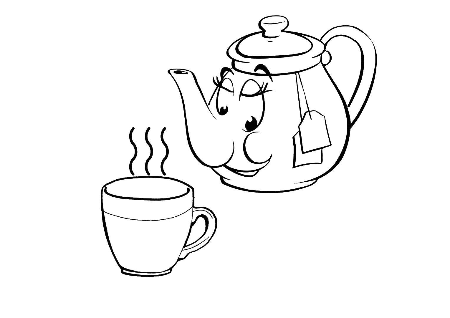 Название: Раскраска Чайник с чашкой. Категория: посуда. Теги: чайник, чашка.