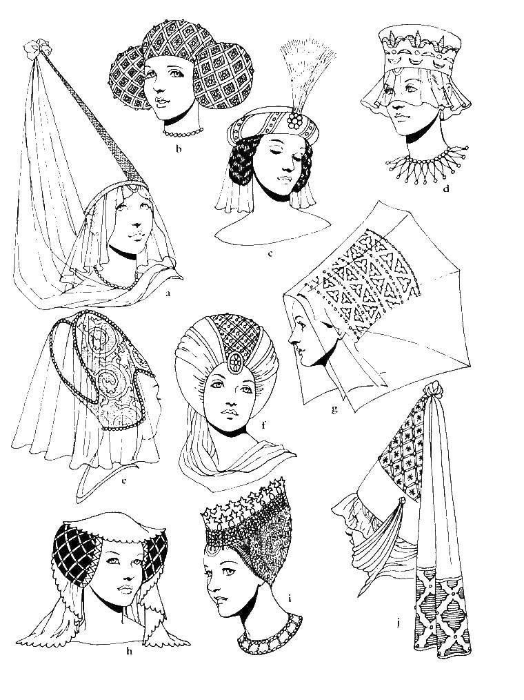 Название: Раскраска Старинные головные уборы. Категория: мода. Теги: мода, одежда, средневековье, головные уборы.