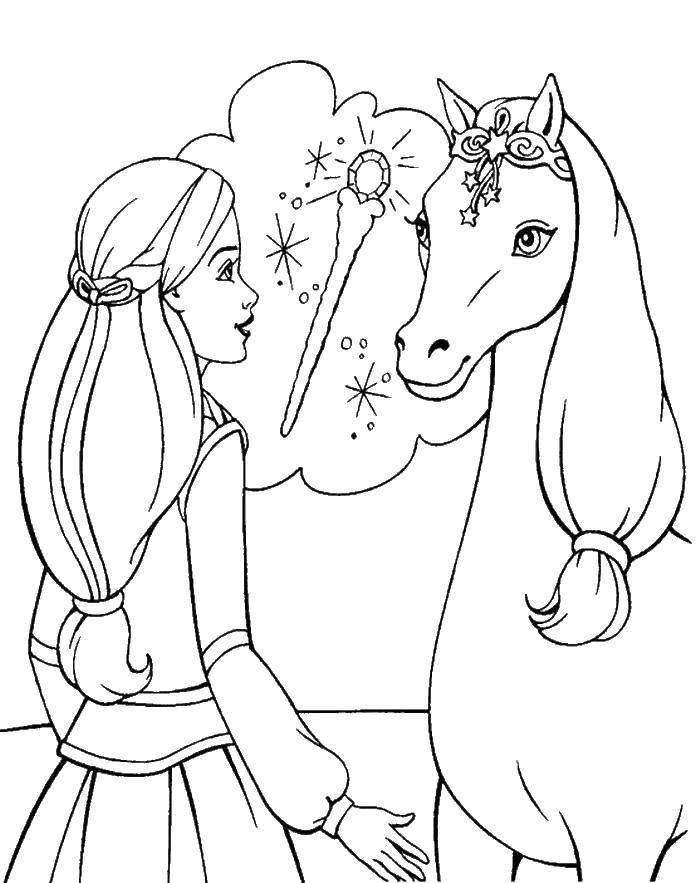 Раскраска Принцесса с лошадкой Скачать ,принцесса, сказка, лошадка,.  Распечатать 