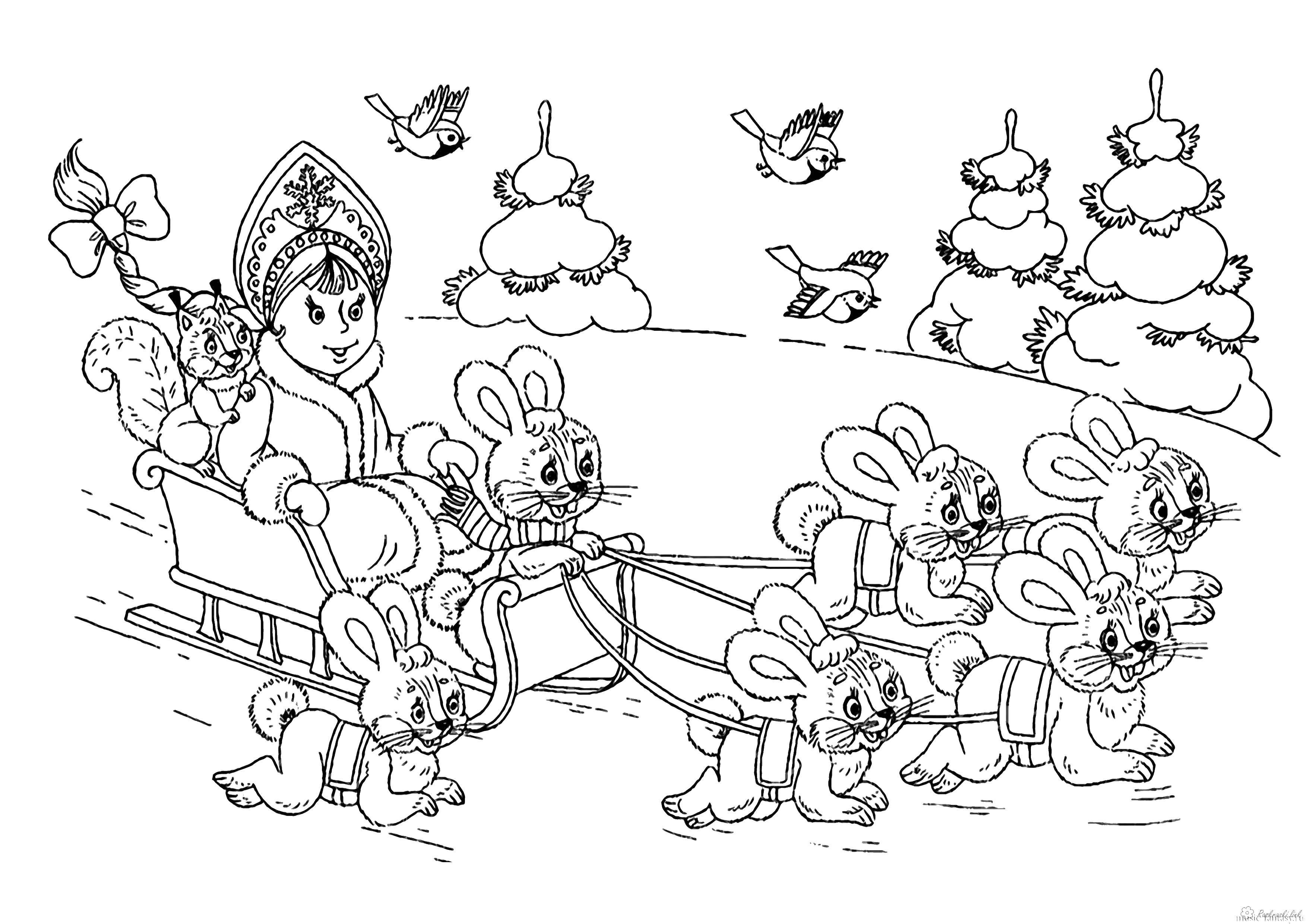 Coloring Snow maiden on a sled with rabbits. Category snow. Tags:  snowman, children.