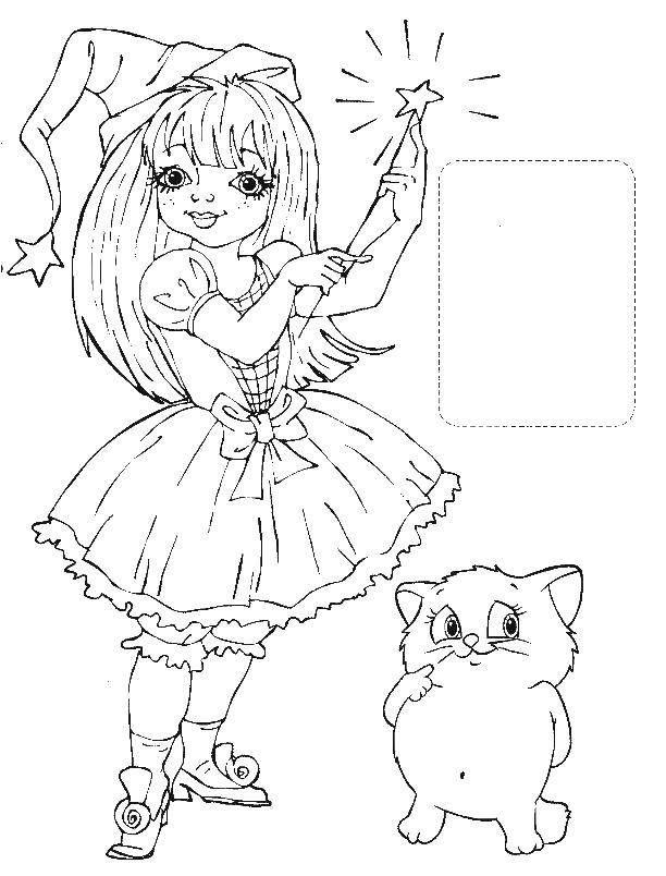 Название: Раскраска Фея с волшебной палочкой и кошкой. Категория: фея. Теги: фея, волшебная палочка, кошка.