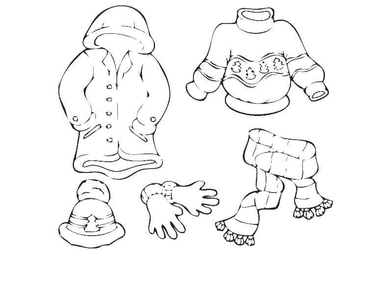 Название: Раскраска Куртка, свитер, шапка, шарф, варежки. Категория: Одежда. Теги: зимняя одежда, куртка, свитер, шапка, шарф, варежки.