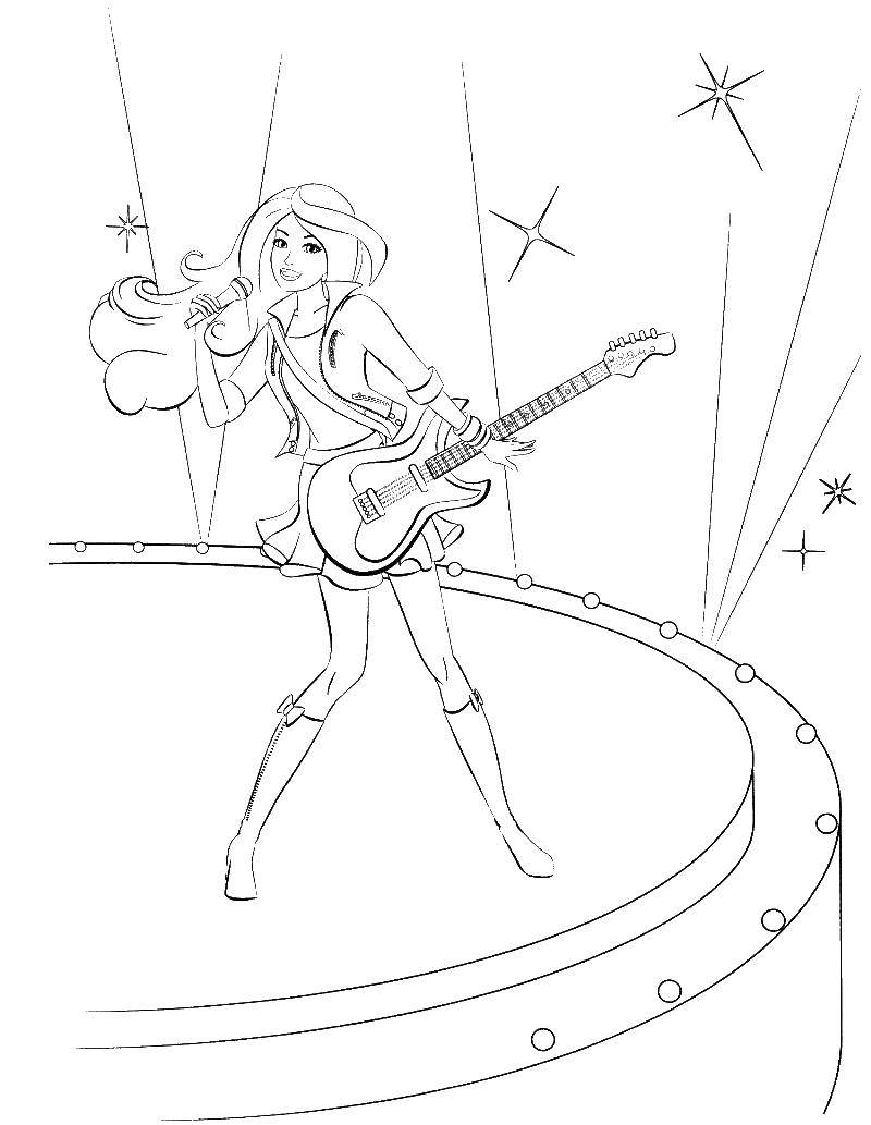 Coloring Singer on the stage. Category Barbie . Tags:  Barbie , girl. doll, singer, guitar.