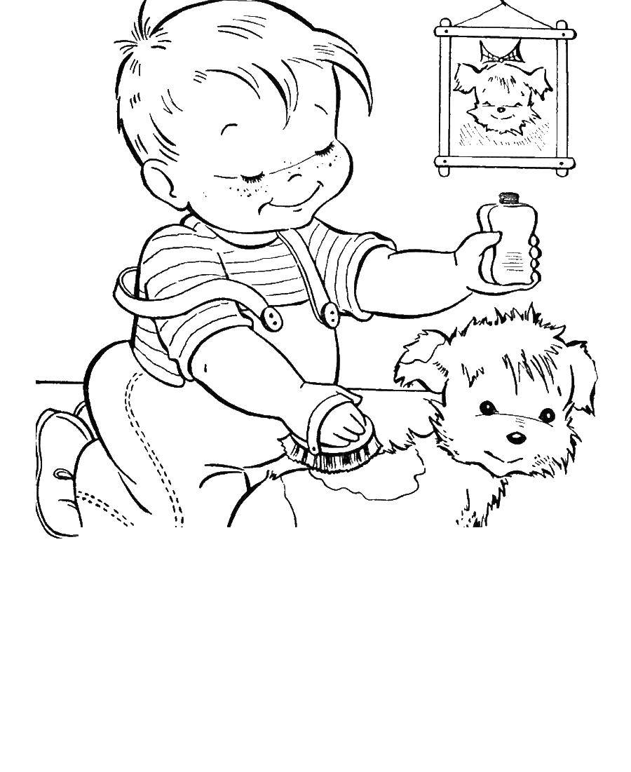 Coloring Child washing the dog. Category dogs. Tags:  the dog, baby, bathing.