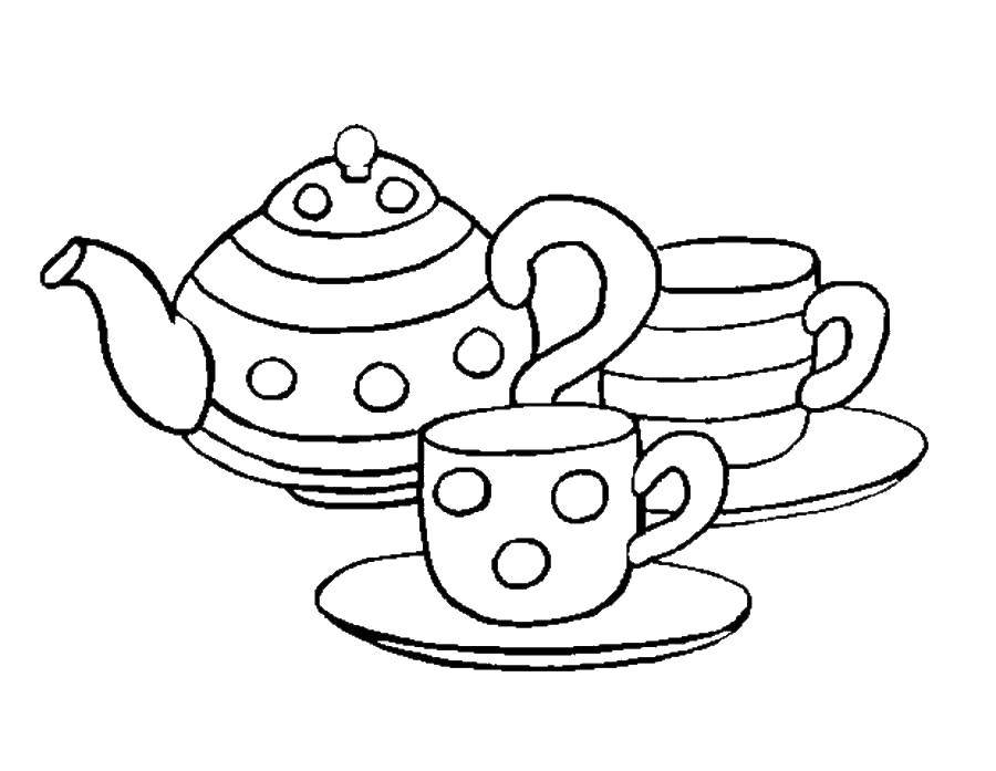Название: Раскраска Чайничек, кружечки, блюдца. Категория: посуда. Теги: посуда, чайник, кружки.
