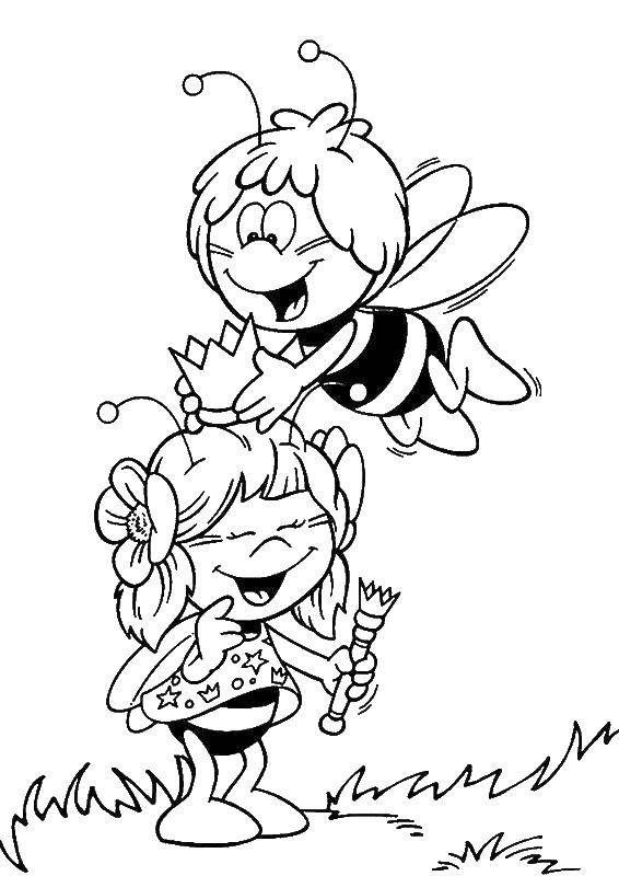 Розмальовки  Бджілка травня одягає корону пчілці. Завантажити розмальовку бджілка Травня.  Роздрукувати ,бджілка Травня,