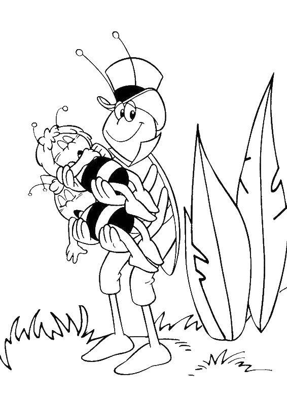 Название: Раскраска Кузнечик флипп несет пчелок. Категория: пчелка Мая. Теги: пчелка Мая, Вилли, Флипп.