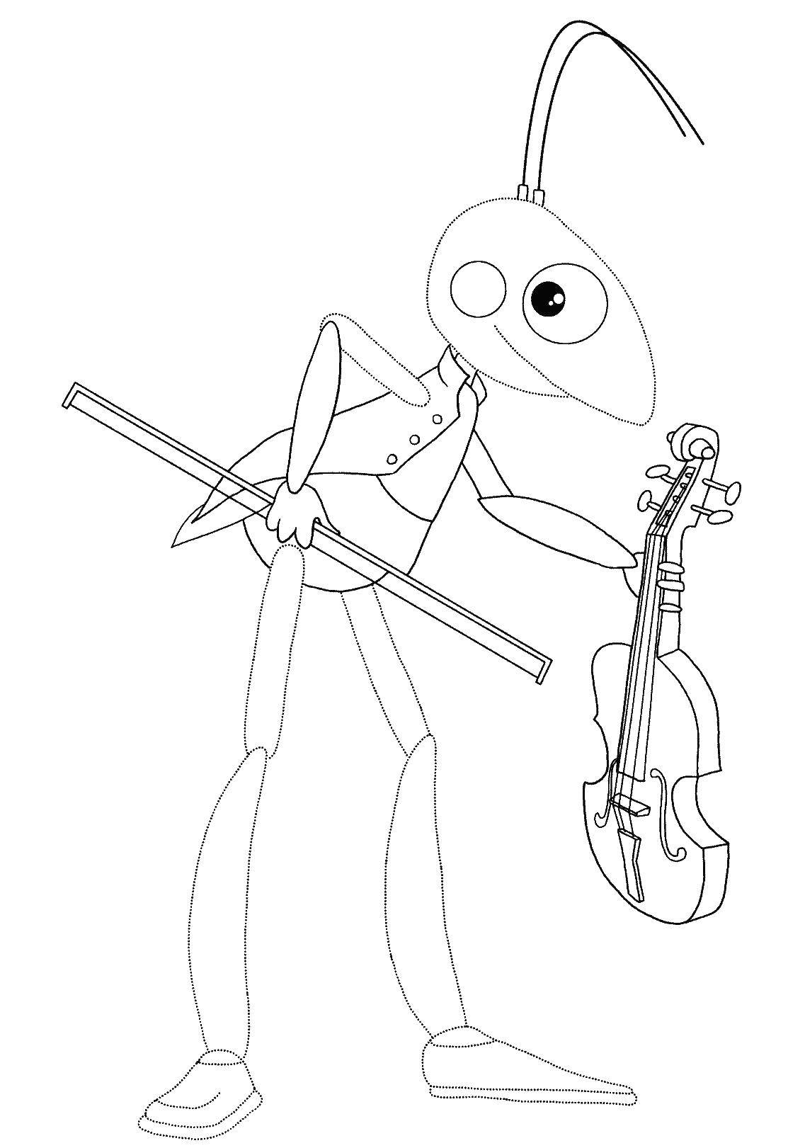 Название: Раскраска Кузнечик играет на скрипке. Категория: кузнечик. Теги: кузнечик.