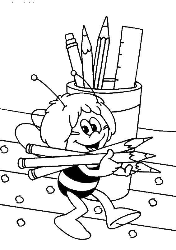 Название: Раскраска Пчелка мая несет карандаши. Категория: пчелка Мая. Теги: Пчелка Мая, карандаши.