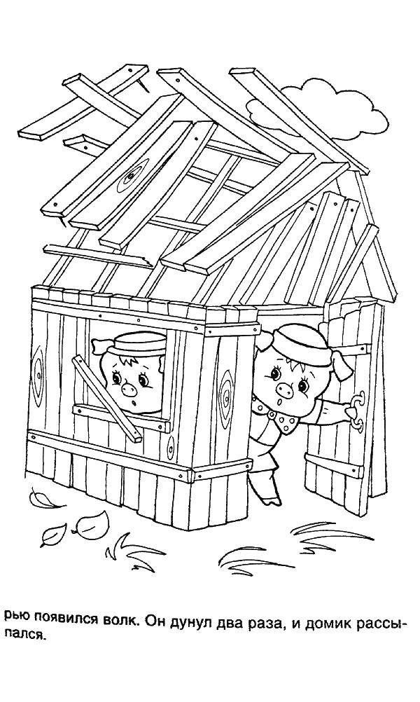 Coloring Pigs in a broken house. Category Fairy tales. Tags:  pig, wolf.