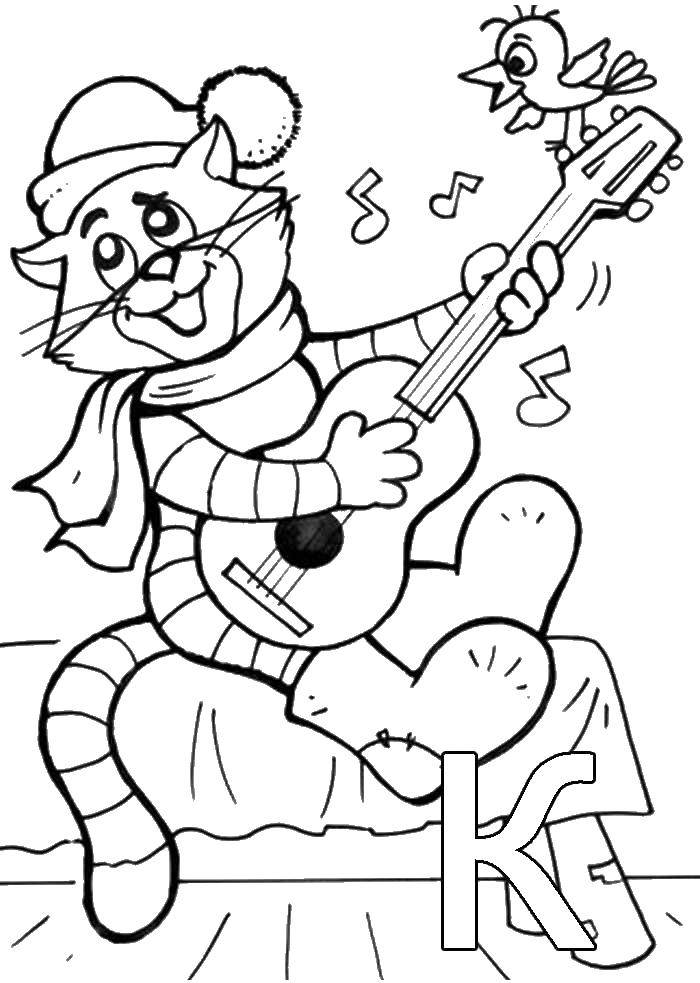 Coloring Sylvester plays the guitar. Category coloring, buttermilk. Tags:  the cat Matroskin, dog Sharik, Uncle Fyodor.