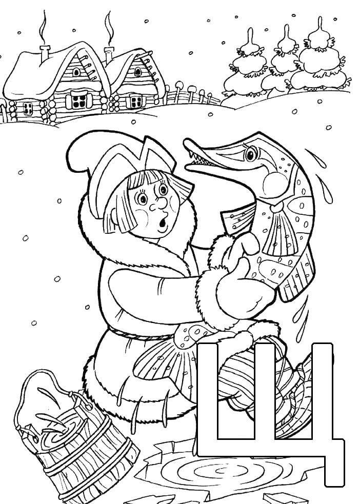 Coloring Ivan caught a pike. Category Fairy tales. Tags:  Ivan, pike.