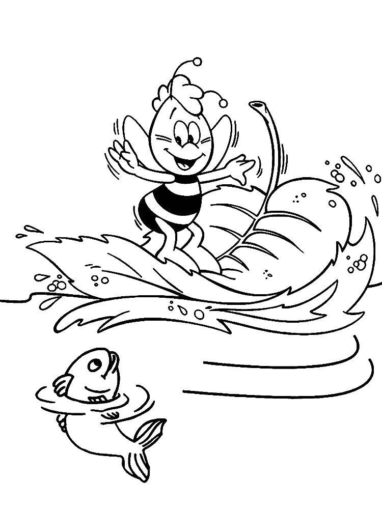 Розмальовки  Бджілка майя і рибка. Завантажити розмальовку Персонаж з мультфільму, Бджілка майя.  Роздрукувати ,бджола,