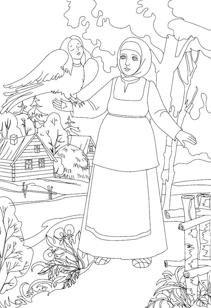 Coloring The girl is holding a bird with a human head. Category Fairy tales. Tags:  bird, head, girl.