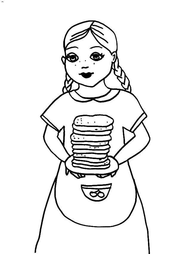 Coloring Girl with pancakes. Category carnival. Tags:  Maslenitsa , pancakes.
