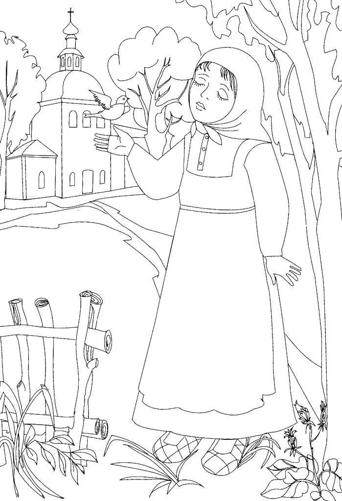 Coloring The girl with the bird in the hand. Category Fairy tales. Tags:  girl, bird.