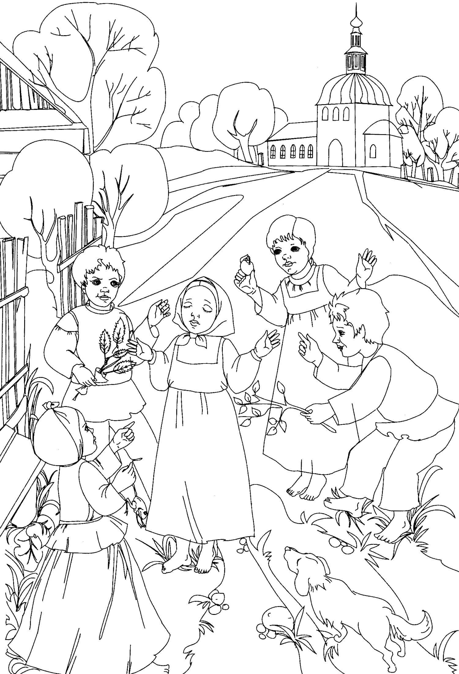 Coloring Russian village. Category The village. Tags:  Village, house, animals.