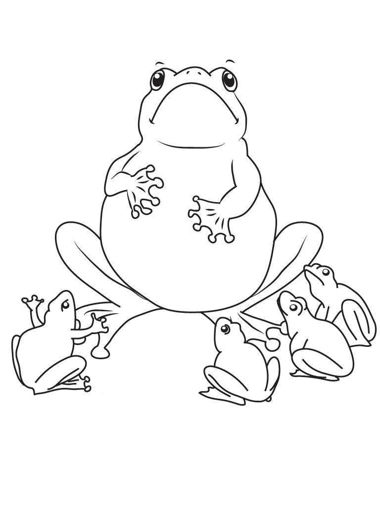 Розмальовки  Жабенята поруч з жабою. Завантажити розмальовку Жаба.  Роздрукувати ,жаба,