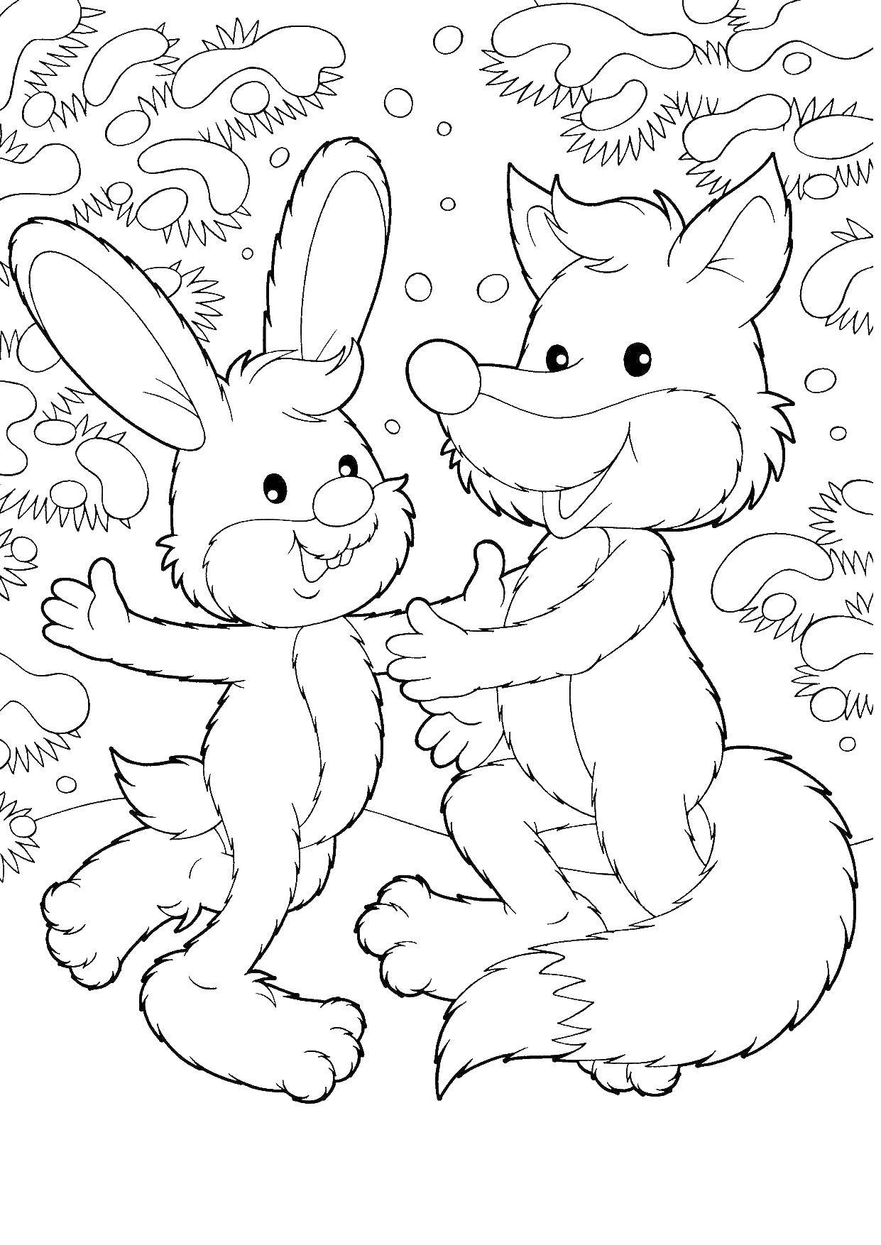 Название: Раскраска Лиса и заяц у елки. Категория: лисичка. Теги: лисичка, зайчик.