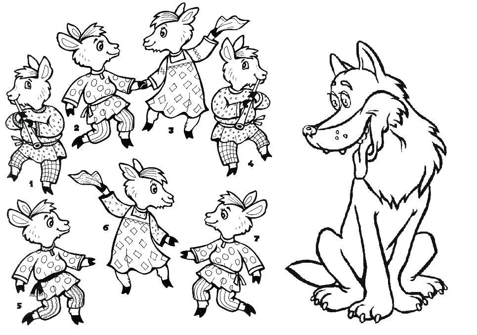 Coloring The wolf and the seven little kids. Category wolf. Tags:  wolf, goats.