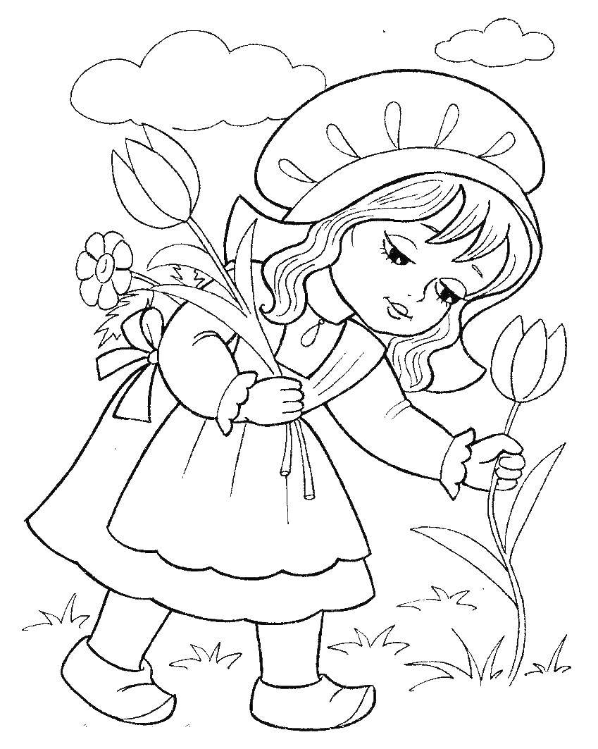 Coloring Little red riding hood picking flowers. Category Fairy tales. Tags:  the wolf, red riding hood.
