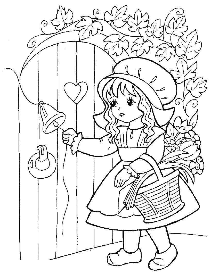 Coloring Little red riding hood knocks on the door. Category Fairy tales. Tags:  Little red riding hood, wolf.