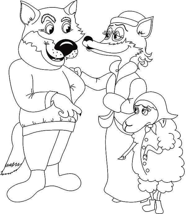 Coloring Wolf, Fox and sheep. Category Fairy tales. Tags:  wolf, Fox, lamb.