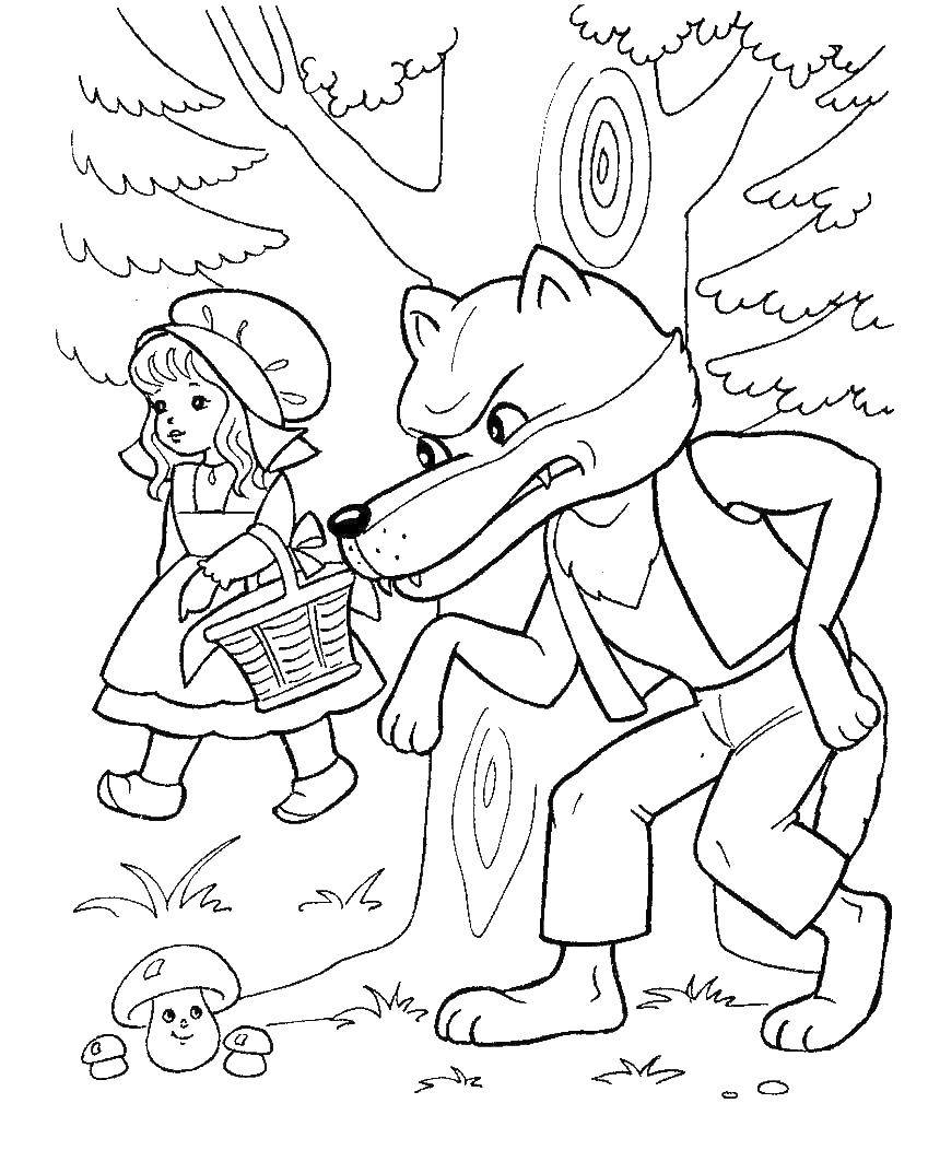 Название: Раскраска Волк следит за красной шапочкой. Категория: Сказки. Теги: Красная шапочка, волк.