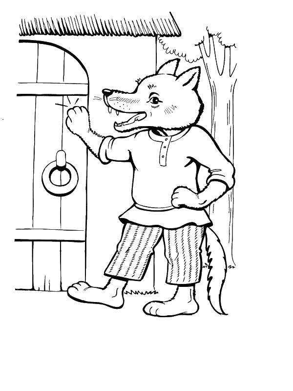 Coloring The wolf is knocking at the door. Category wolf. Tags:  wolf.