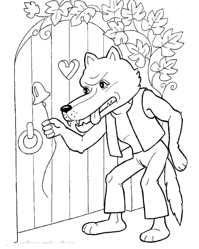 Coloring The wolf is knocking at the door. Category Fairy tales. Tags:  the wolf, red riding hood.
