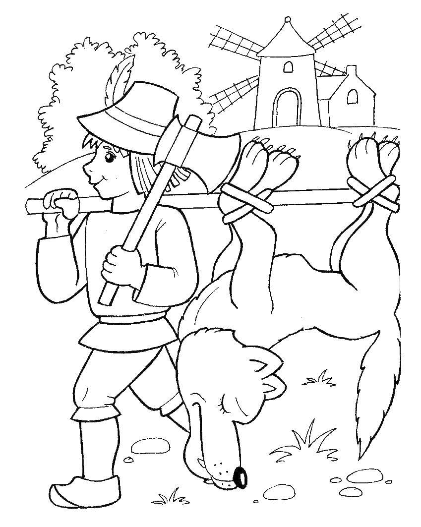 Coloring Hunter caught the wolf. Category Fairy tales. Tags:  the wolf, red riding hood.