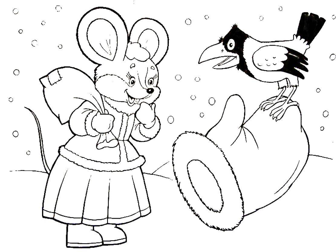 Раскраска Мышка и рукавица деда мороза Скачать ,Дед мороз, рукавица,.  Распечатать 