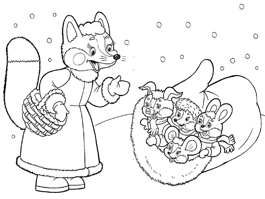 Coloring Fox found the mitten. Category Fairy tales. Tags:  tale, Santa, mitten.