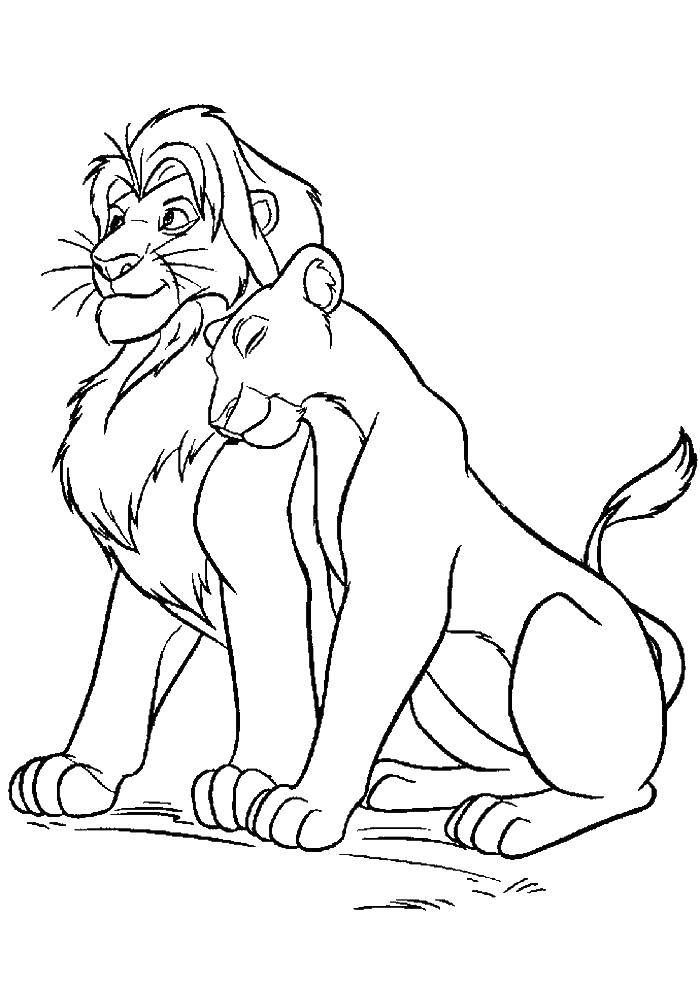 Название: Раскраска Симба и нала обнимаются. Категория: Король лев. Теги: король лев, мультик.
