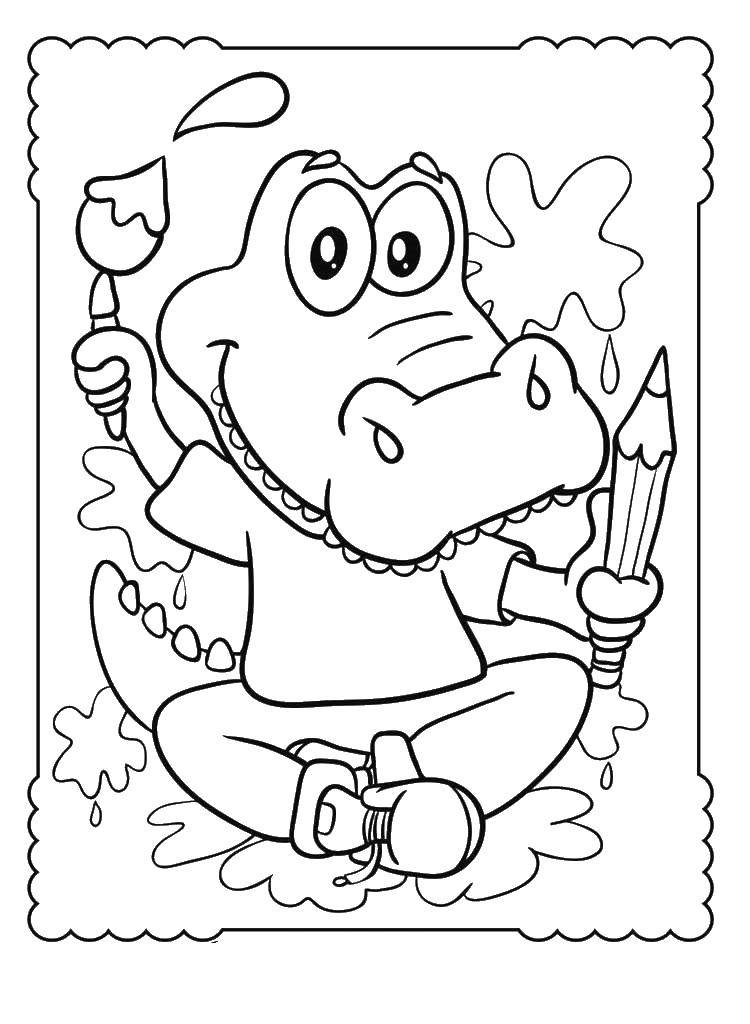 Название: Раскраска Крокодил с карандашом и красками. Категория: крокодил. Теги: крокодил, краски, карандаш.