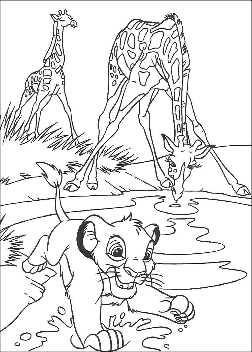 Название: Раскраска Симба и жирафы. Категория: мультфильмы. Теги: Король Лев, мультфильмы, львенок, Симба, жирафы.