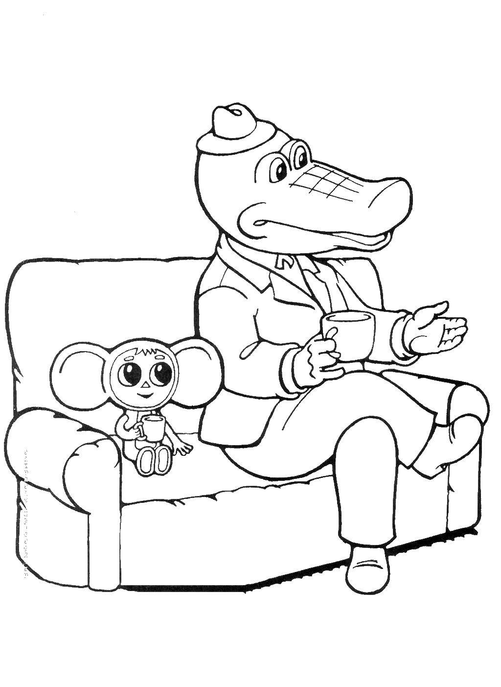 Coloring Crocodile Gena and Cheburashka on a sofa. Category cartoons. Tags:  cartoon, Crocodile Gena, Cheburashka.