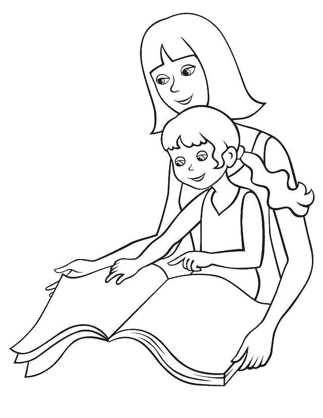 Название: Раскраска Мама читает книгу дочке. Категория: мама с ребенком. Теги: мама, ребенок, книга.