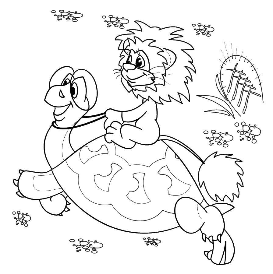 Coloring Lion cub and a large turtle. Category cartoons. Tags:  cartoons, turtle, lion.