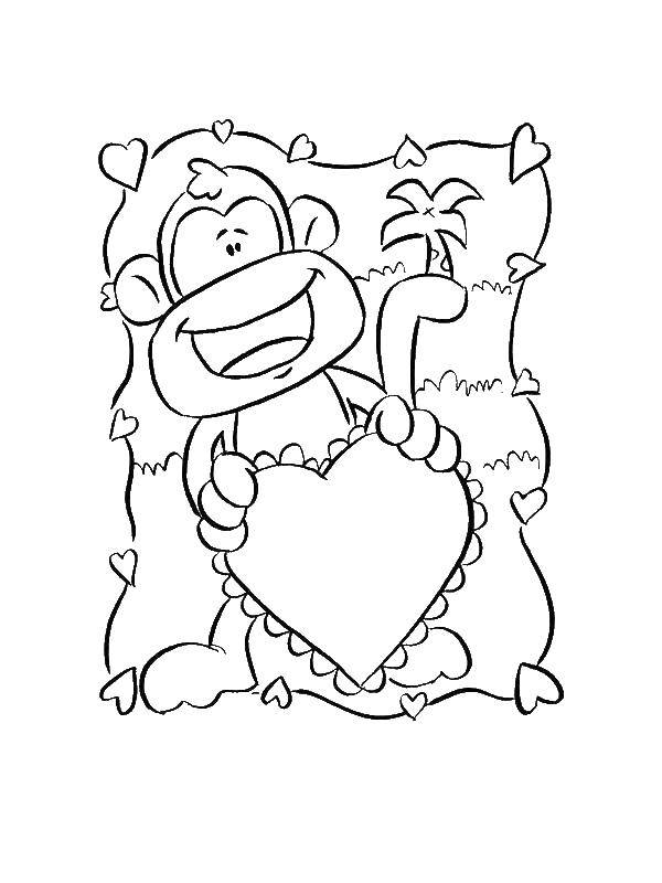 Название: Раскраска Обезьяна с сердечком. Категория: обезьяна. Теги: обезьяна, банан.