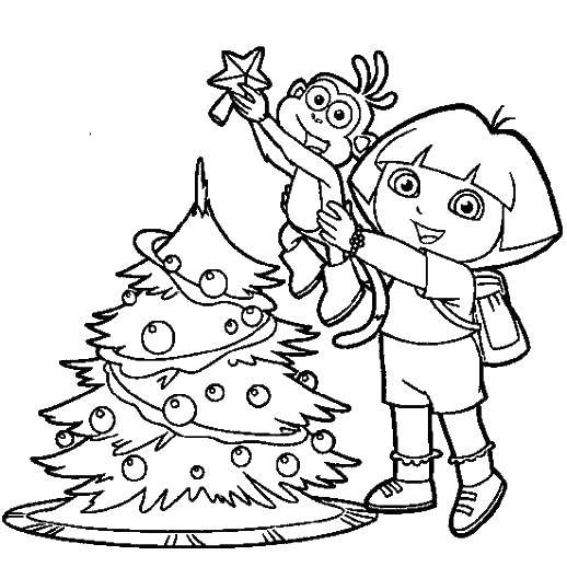 Coloring Dora and slipper decorating the Christmas tree. Category Dora. Tags:  Dora, boots.