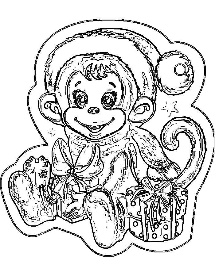 Название: Раскраска Обезьяна с подарками. Категория: обезьяна. Теги: обезьяна, подарки.